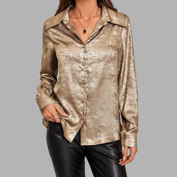 Metal-Tone Long Sleeve Blouse Gold - Picture 6 of 7